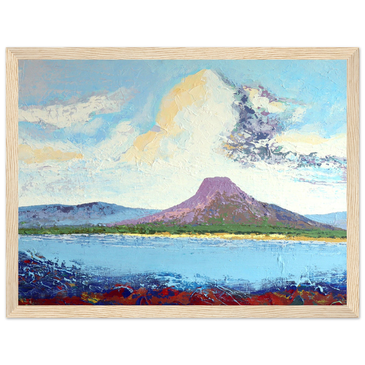 Lurig from the Shore print in a natural oak frame, cloud towering over Lurig Mountain