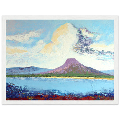 Lurig Mountain from the Shore, painting of a purple mountain over blue water under a billowing cloud, Antrim