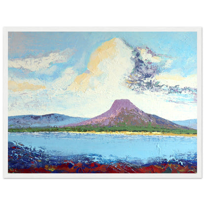Lurig Mountain from the Shore print in a white frame, impasto sky over the Antrim coast