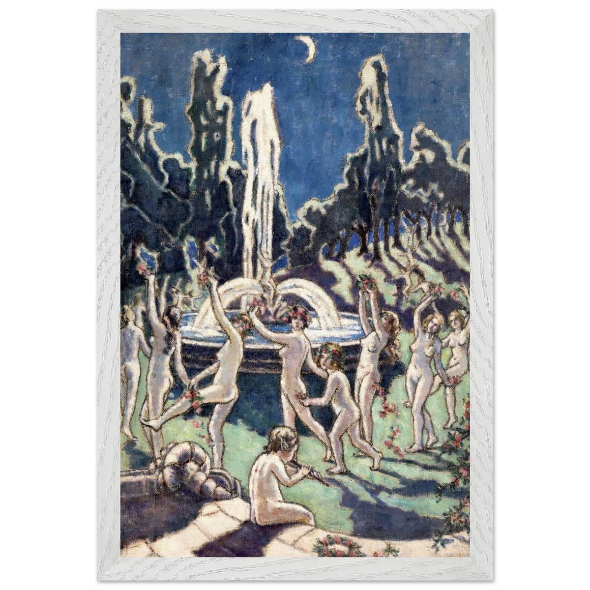 Mainie Jellett Figures Dancing Round a Fountain in a white frame, dancers among dark cypress trees