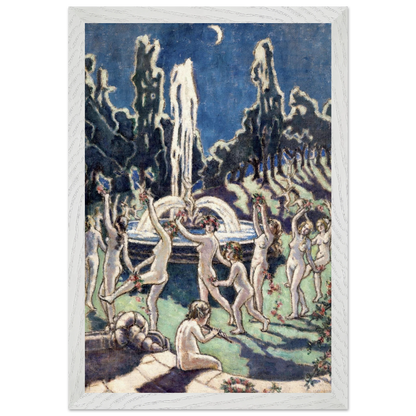 Mainie Jellett Figures Dancing Round a Fountain in a white frame, dancers among dark cypress trees