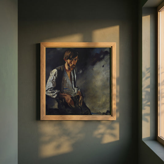 Man of the West, Seán Keating framed print in a natural oak frame on a dark green wall beside a window, dappled plant shadow