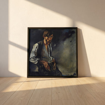 Man of the West, Seán Keating framed print in a black frame leaning against a white plaster wall on oak floorboards in morning light