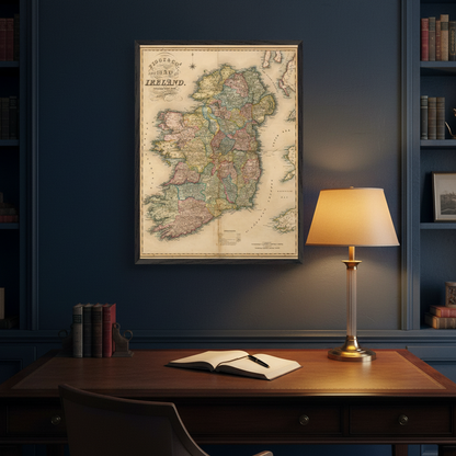 Framed vintage map of Ireland on dark navey wall in home study | Buy Irish Art