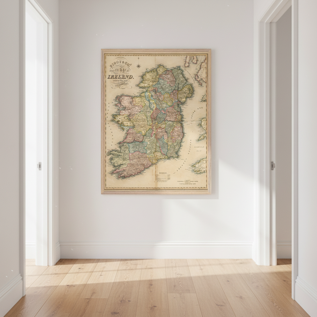 Map of Ireland framed art print hanging in bright hallway with wooden floorboards | Buy Irish Art