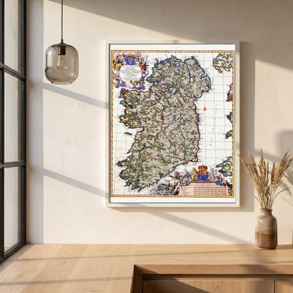 Visscher 1689 Map of Ireland Art Print | Historic Irish Cartography framed print in a white frame on a plaster wall above an oak worktop in a bright Scandinavian kitchen
