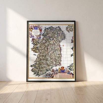 Visscher 1689 Map of Ireland Art Print | Historic Irish Cartography framed print in a black frame leaning against a white plaster wall on oak floorboards in morning light