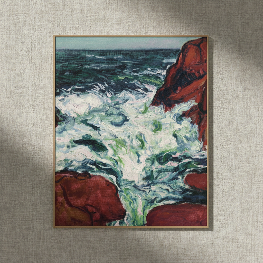 Marée Montante by Roderic O'Conor seascape print in a natural oak frame on a linen wall, front view