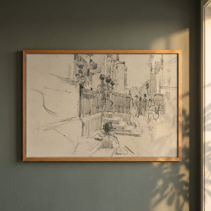 Merrion Row, Dublin, near the Shelbourne Hotel framed print in a natural oak frame on a dark green wall beside a window, dappled plant shadow