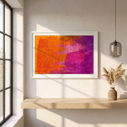 Minimalist Abstract Modern Style Orange & Purple framed print in a white frame on a plaster wall above an oak worktop in a bright Scandinavian kitchen