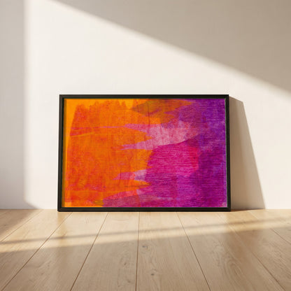 Minimalist Abstract Modern Style Orange & Purple framed print in a black frame leaning against a white plaster wall on oak floorboards in morning light