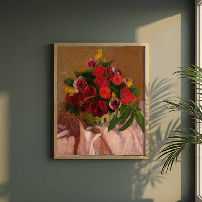 Mixed Flowers on Pink Cloth framed print in a natural oak frame on a dark green wall beside a window, dappled plant shadow