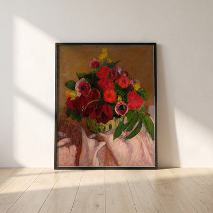Mixed Flowers on Pink Cloth framed print in a black frame leaning against a white plaster wall on oak floorboards in morning light