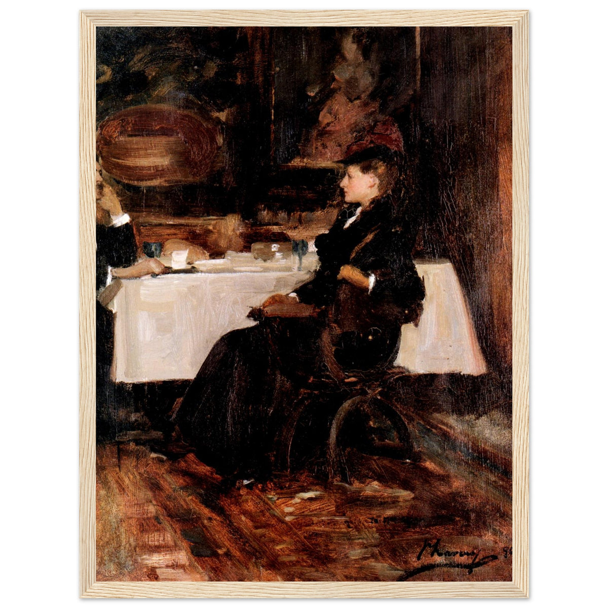 Mrs Adam at Dinner by John Lavery in a pale wood frame on a white background
