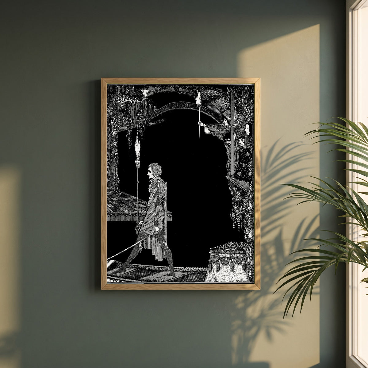 Myself No Power framed print in a natural oak frame on a dark green wall beside a window, dappled plant shadow