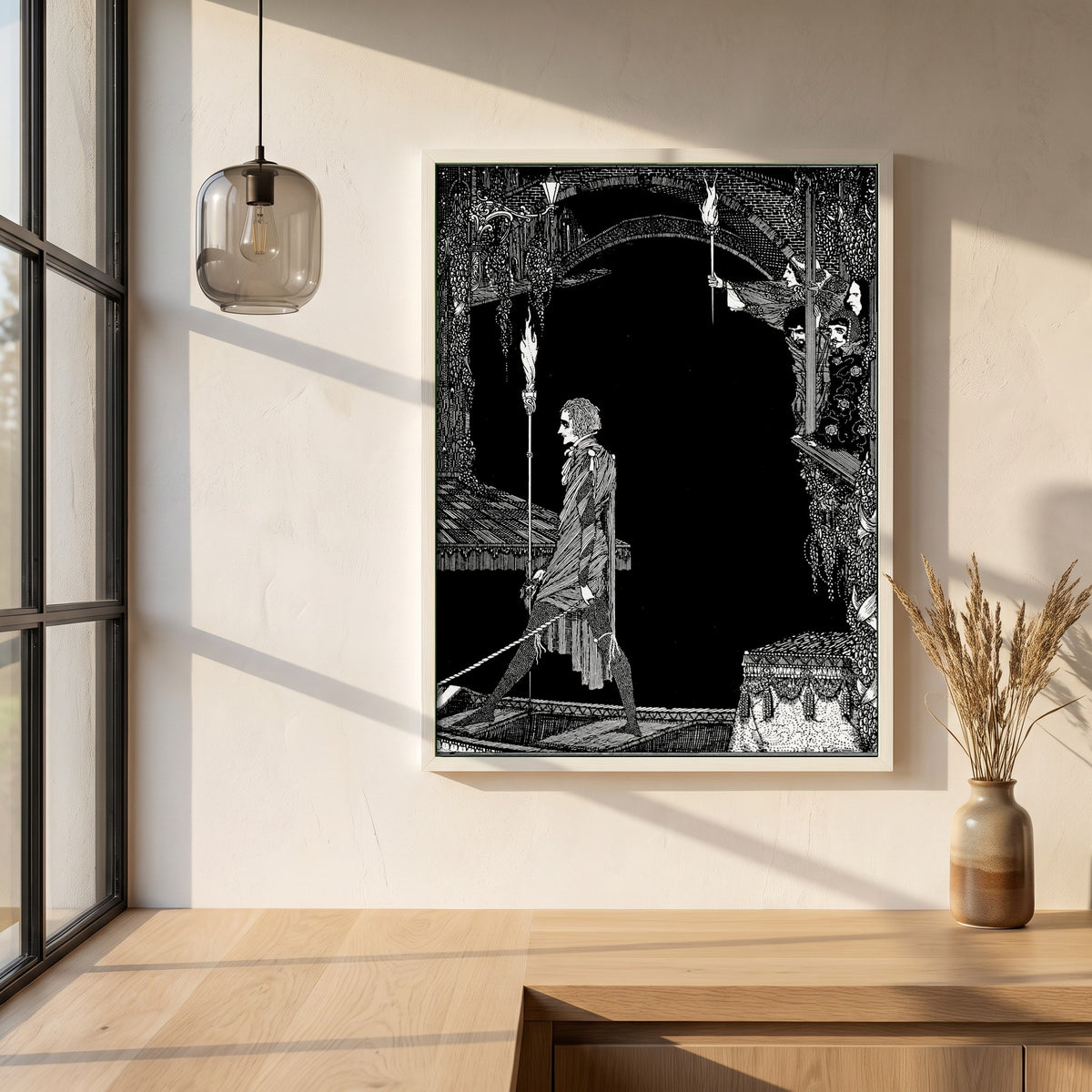 Myself No Power framed print in a white frame on a plaster wall above an oak worktop in a bright Scandinavian kitchen