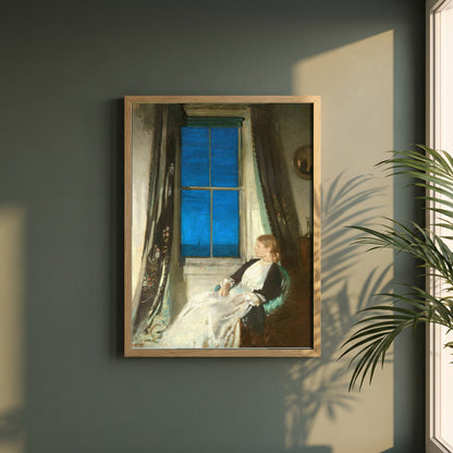 Night framed print in a natural oak frame on a dark green wall beside a window, dappled plant shadow