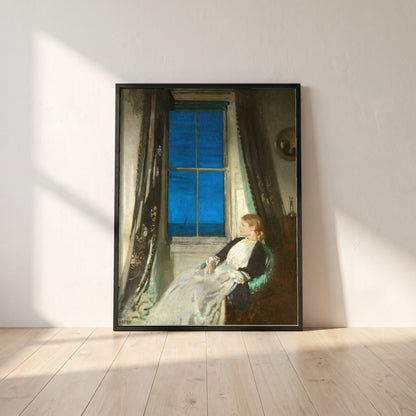 Night framed print in a black frame leaning against a white plaster wall on oak floorboards in morning light
