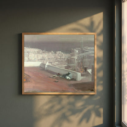 Night, Tangier framed print in a natural oak frame on a dark green wall beside a window, dappled plant shadow