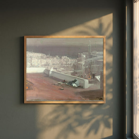 Night, Tangier framed print in a natural oak frame on a dark green wall beside a window, dappled plant shadow