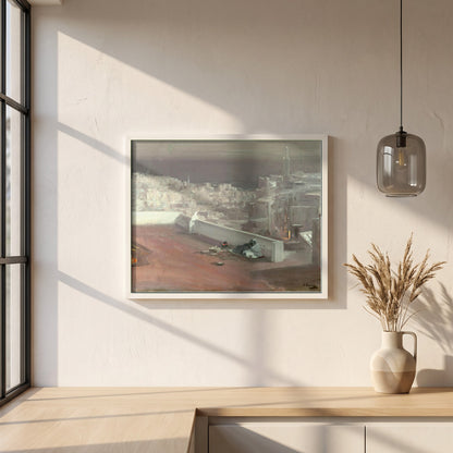 Night, Tangier framed print in a white frame on a plaster wall above an oak worktop in a bright Scandinavian kitchen