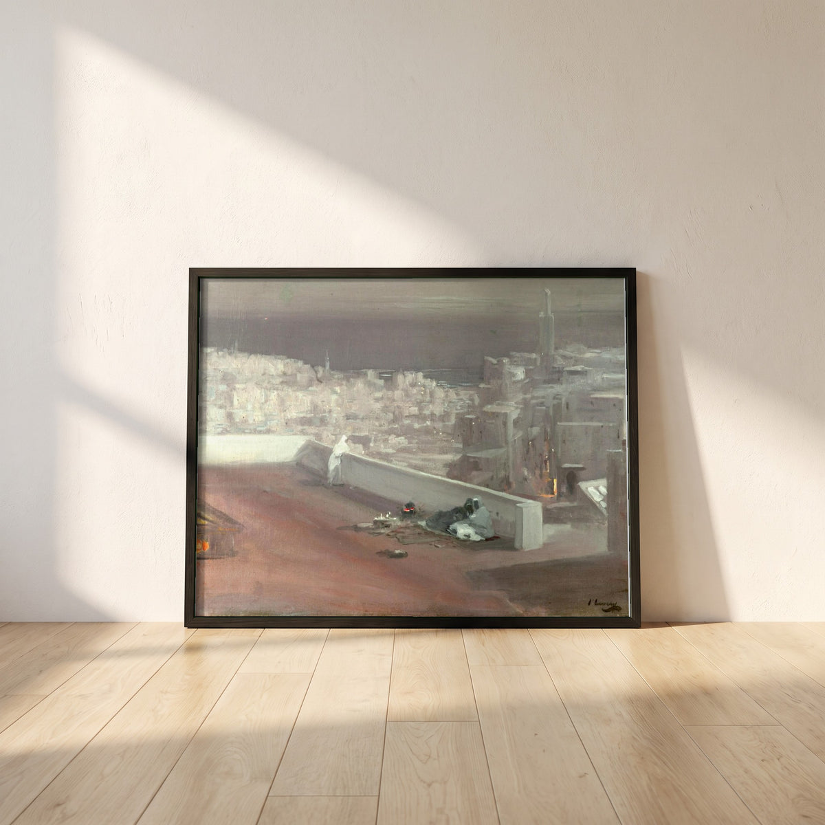 Night, Tangier framed print in a black frame leaning against a white plaster wall on oak floorboards in morning light