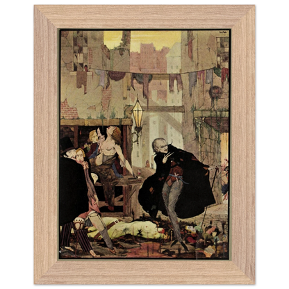 Noisome Quarter by Harry Clarke (1923) in a wide oak frame, cloaked figure in a crowded street