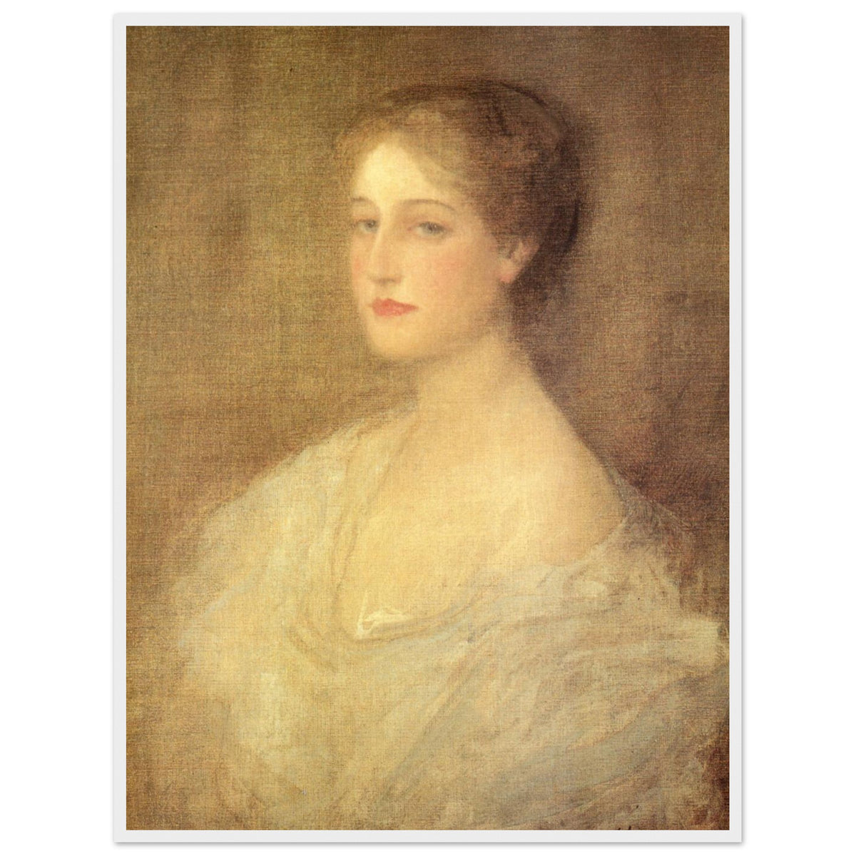 Nora (c.1896) by Sir John Lavery in a white frame, portrait of a young woman in a white gown