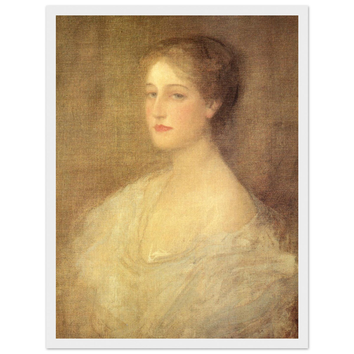 Nora (c.1896) by Sir John Lavery in a white frame, woman with upswept hair on a golden ground