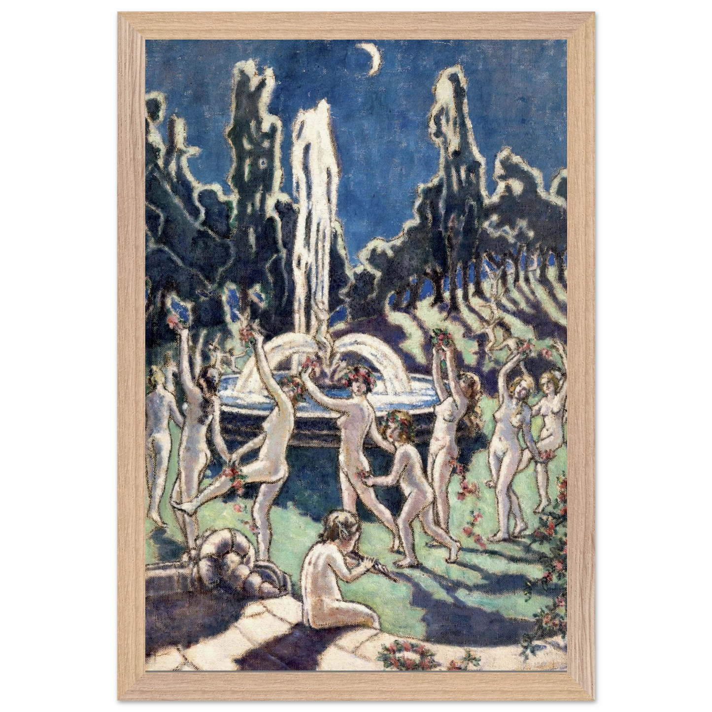 Nudes Dancing round a Fountain by Moonlight by Mainie Jellett – natural wood framed Irish Modernism print.