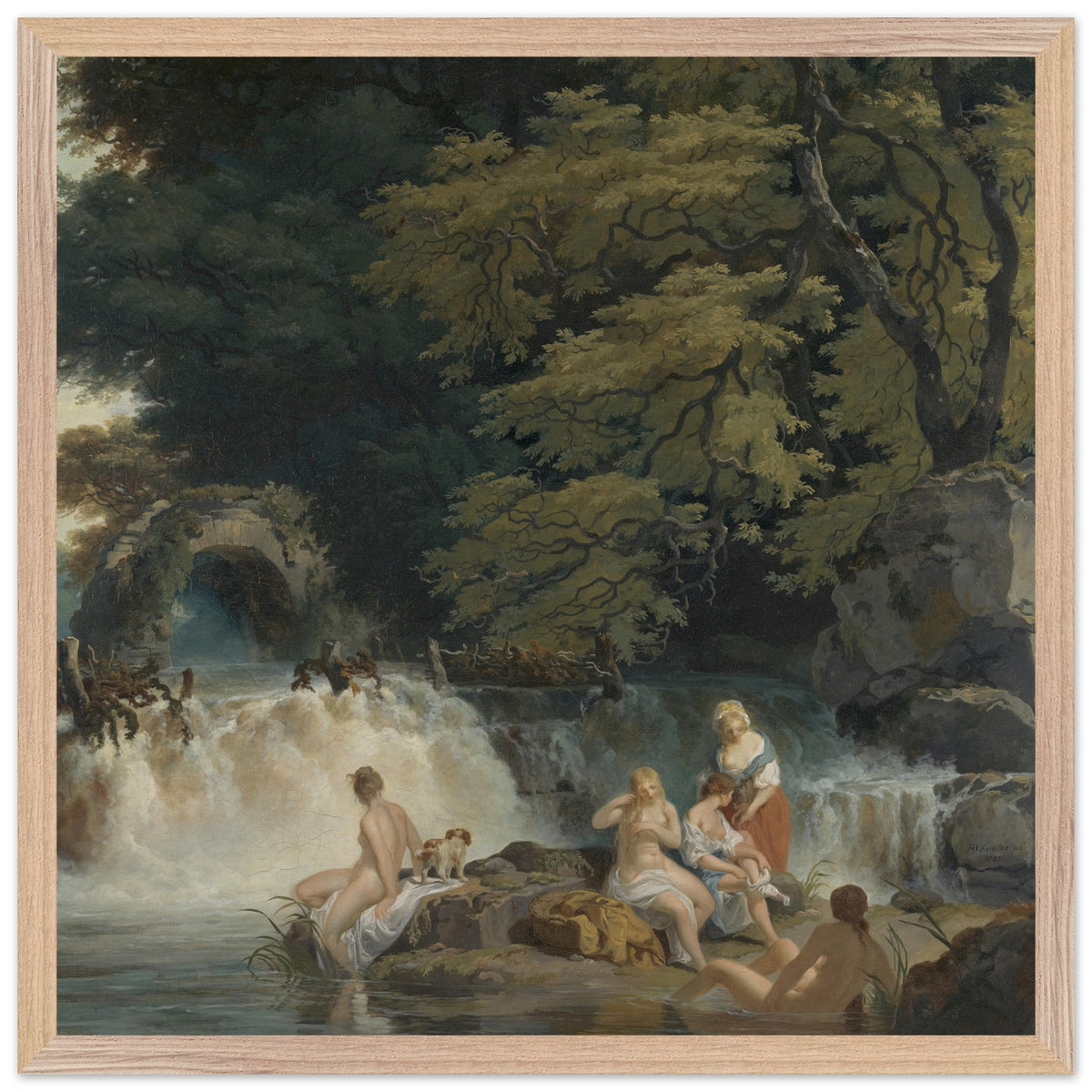 Nymphs Bathing, Salmon Leap at Leixlip, 1783 framed in natural oak, straight-on view