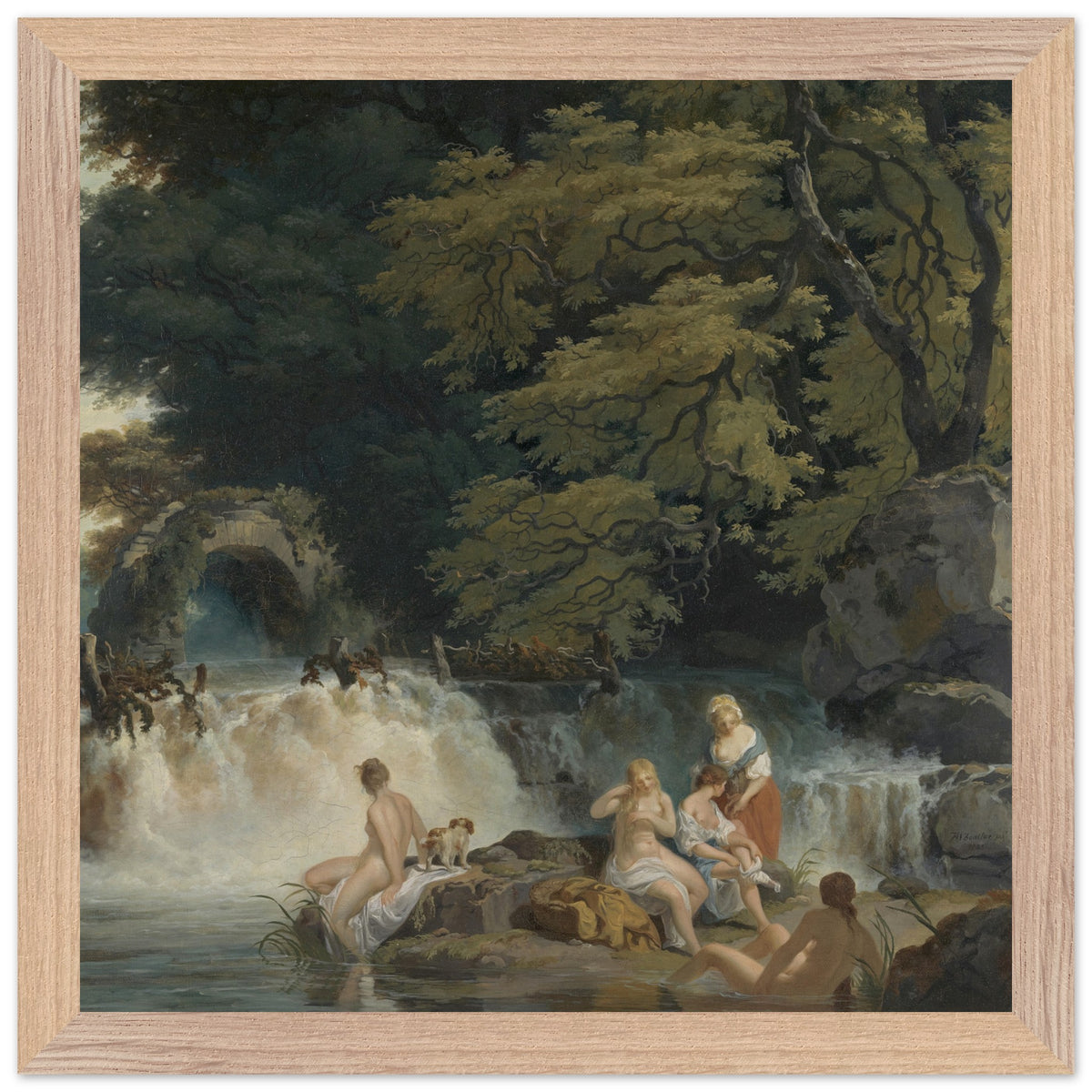 Nymphs Bathing, Salmon Leap at Leixlip, 1783, framed print in a natural oak frame