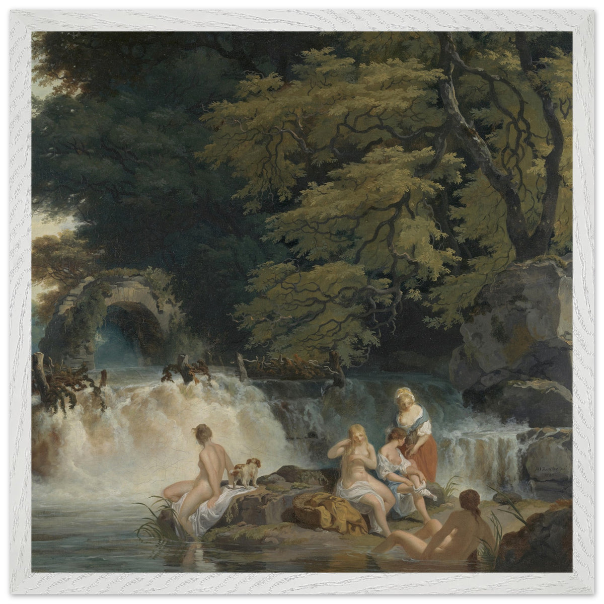 Nymphs Bathing, Salmon Leap at Leixlip, 1783, framed print in a white frame