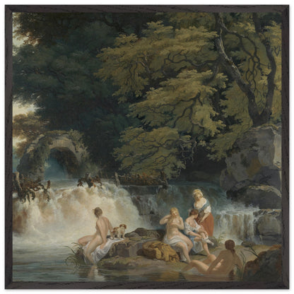 Nymphs Bathing, Salmon Leap at Leixlip, 1783 print with a black frame on a plain white background