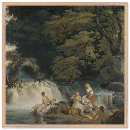 Nymphs Bathing, Salmon Leap at Leixlip, 1783 print with a natural oak frame on a plain white background