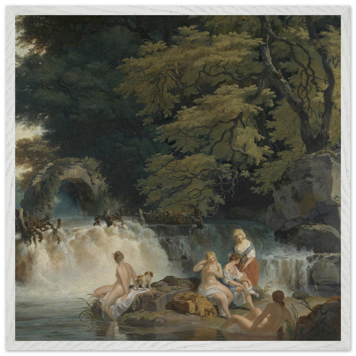 Nymphs Bathing, Salmon Leap at Leixlip, 1783 print with a white frame on a plain white background