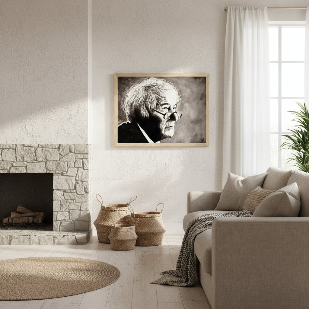Oak-framed Seamus Heaney print displayed in a Scandinavian-style living room with linen sofa, stone fireplace, and natural textures. Soft morning light falls on the wall, creating a serene, timeless atmosphere.