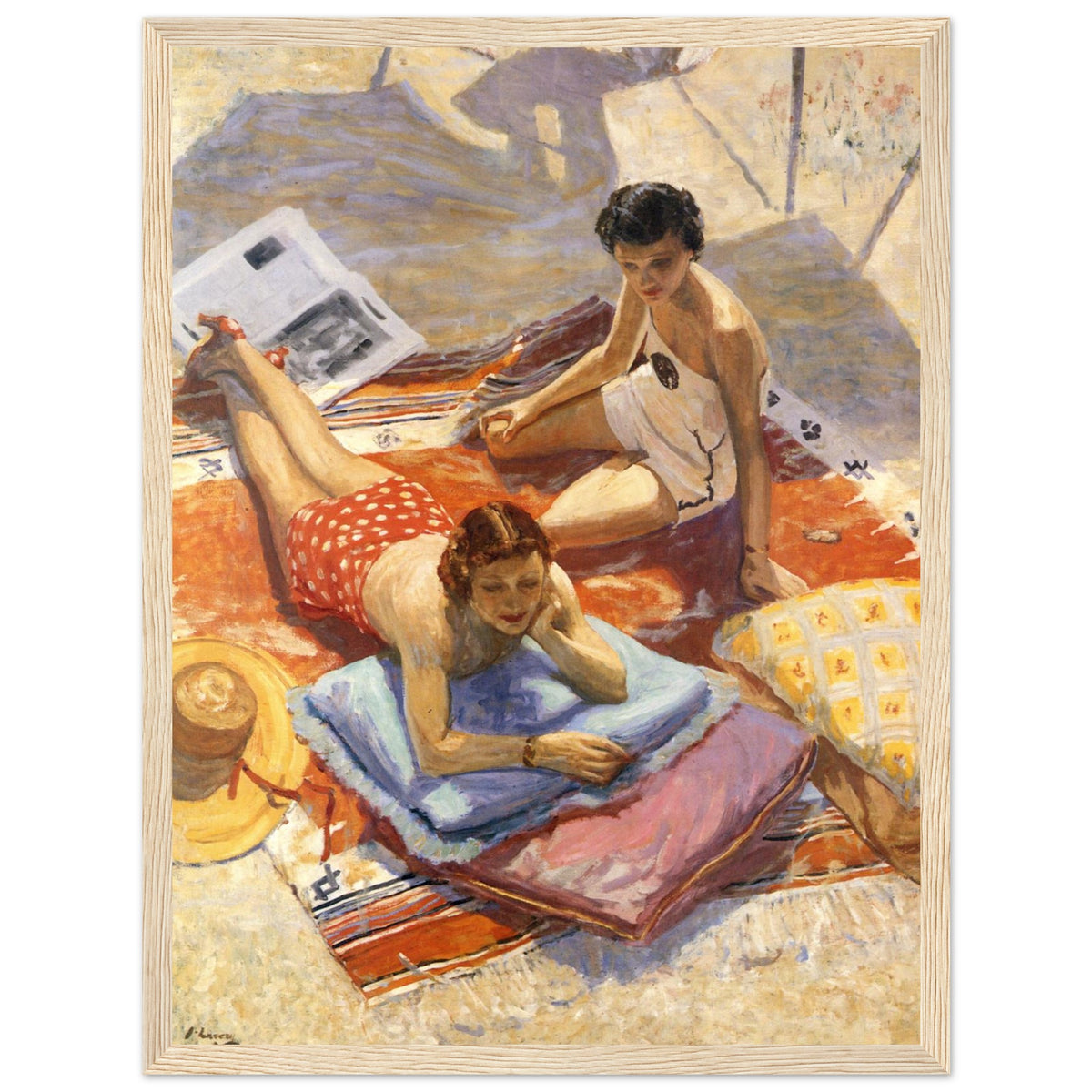 Oak-framed Sir John Lavery Sunbathers print, straight-on view