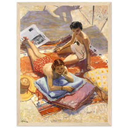 Oak-framed Sir John Lavery Sunbathers print, straight-on view