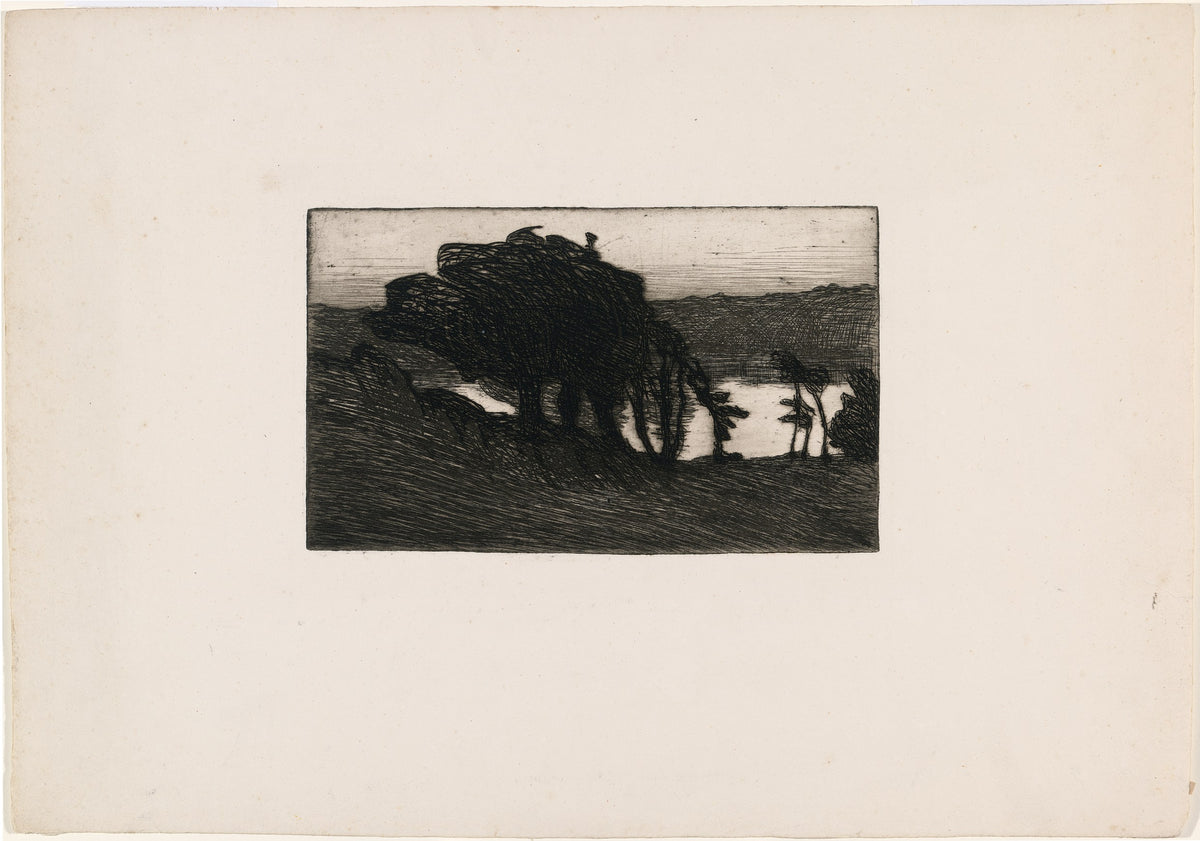 Landscape with Dark Trees and a River, etching by Roderic O'Conor, 1893