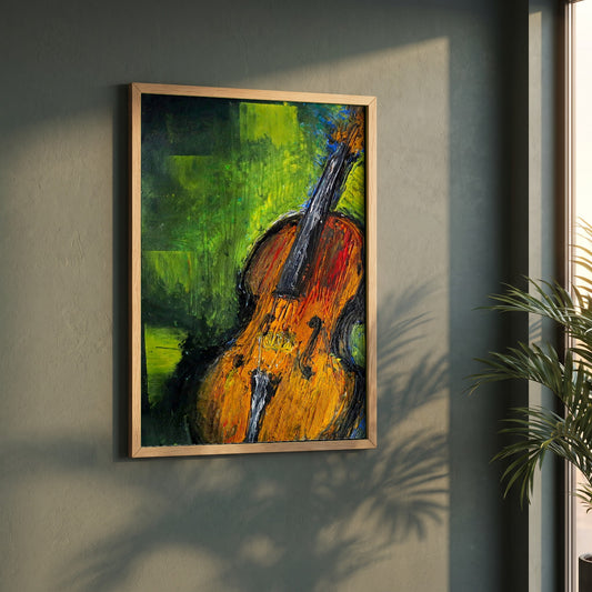 Old Irish Fiddle framed print in a natural oak frame on a dark green wall beside a window, dappled plant shadow