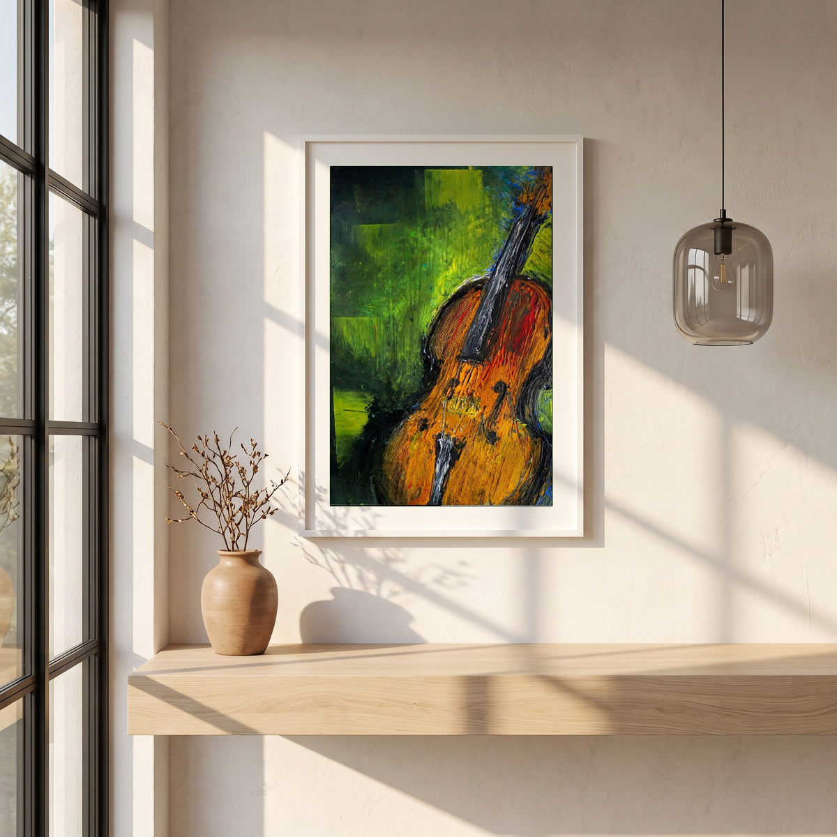 Old Irish Fiddle framed print in a white frame on a plaster wall above an oak worktop in a bright Scandinavian kitchen