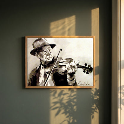 Old Irish Traditional Fiddle Player framed print in a natural oak frame on a dark green wall beside a window, dappled plant shadow