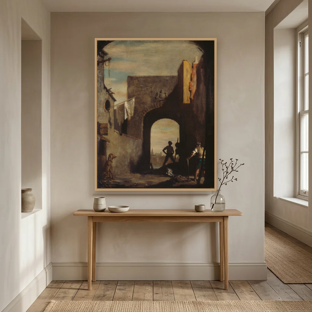 The Knacker's Yard art print, framed and hung in a hallway