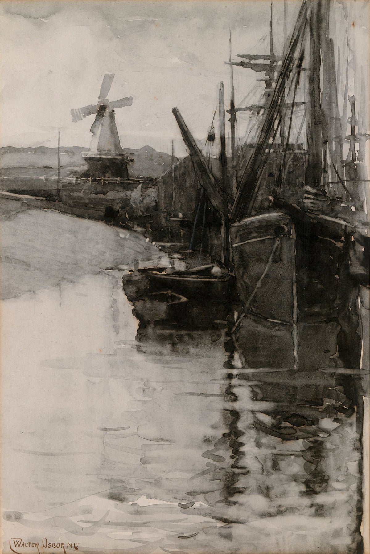 Boats in Rye Harbour, Sussex, graphite and wash by Walter Osborne, c.1890