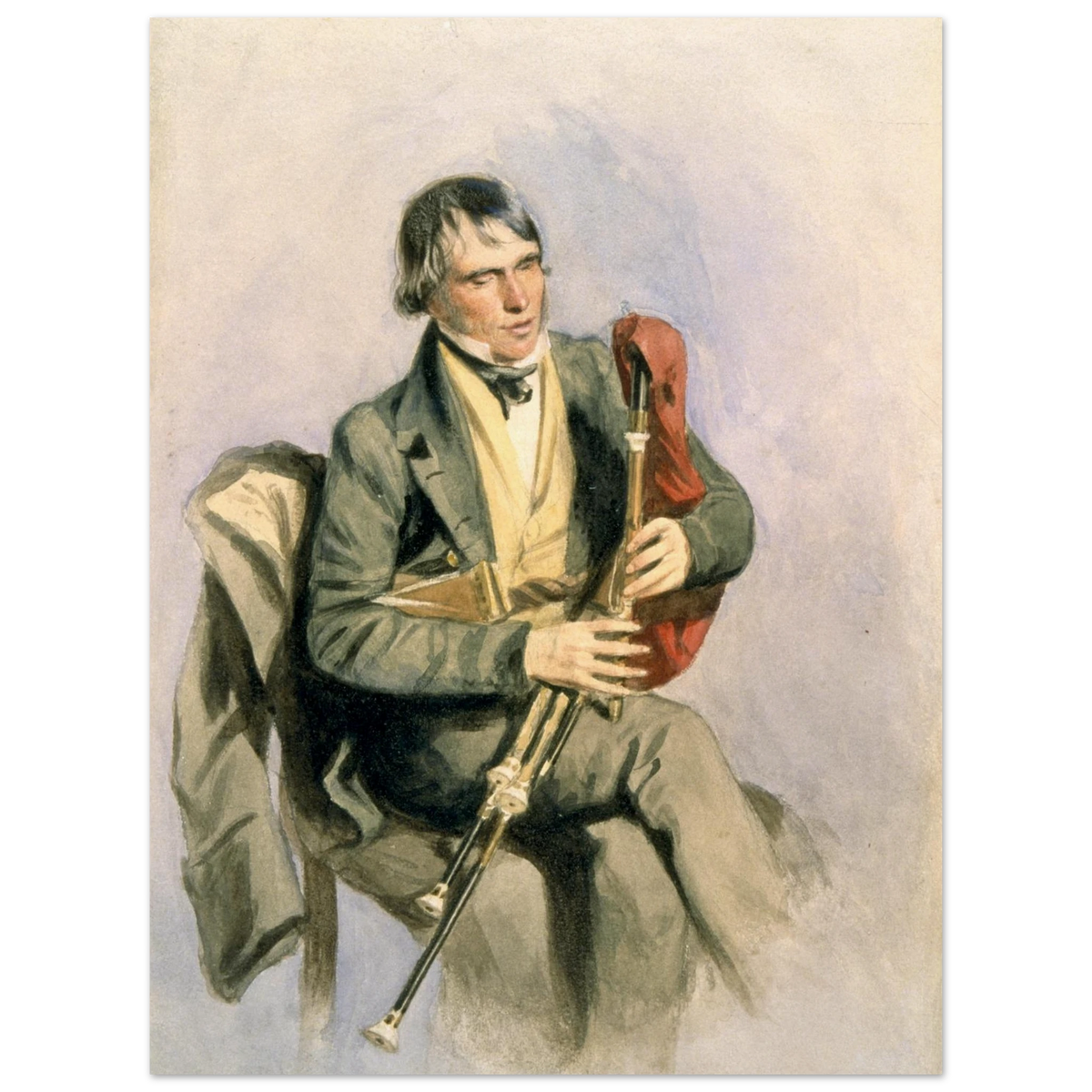 Paddy Conneely, The Galway Piper, watercolour-style portrait of a seated Irish piper, unframed