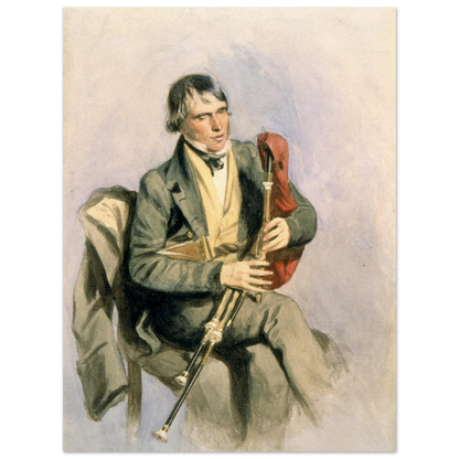 Paddy Conneely, The Galway Piper, watercolour-style portrait of a seated Irish piper, unframed