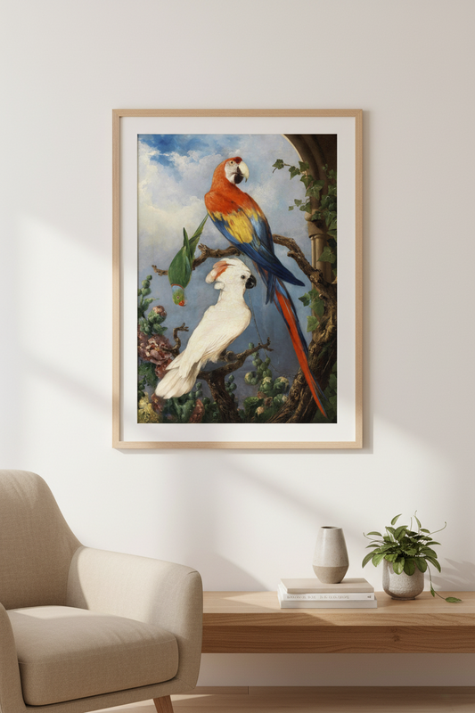 Paroquets Edward Henry Murphy art print styled in a modern interior setting
