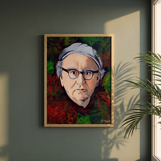 Patrick Kavanagh framed print in a natural oak frame on a dark green wall beside a window, dappled plant shadow