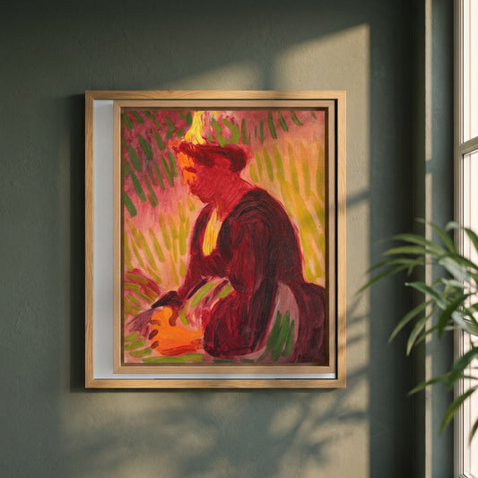 Peasant Woman Seated Outdoors framed print in a natural oak frame on a dark green wall beside a window, dappled plant shadow